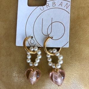 Urban Outfitters Pink Heart Pearl Earrings with Gold Hoop NWT
